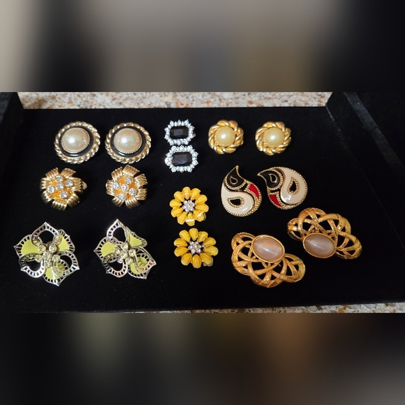 Elegant Gold and Black Clip On Women's Earrings Set Of 8 - Picture 3 of 17